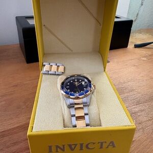 Invicta Men's Gold and Silver Watch with Blue Dial, worn twice